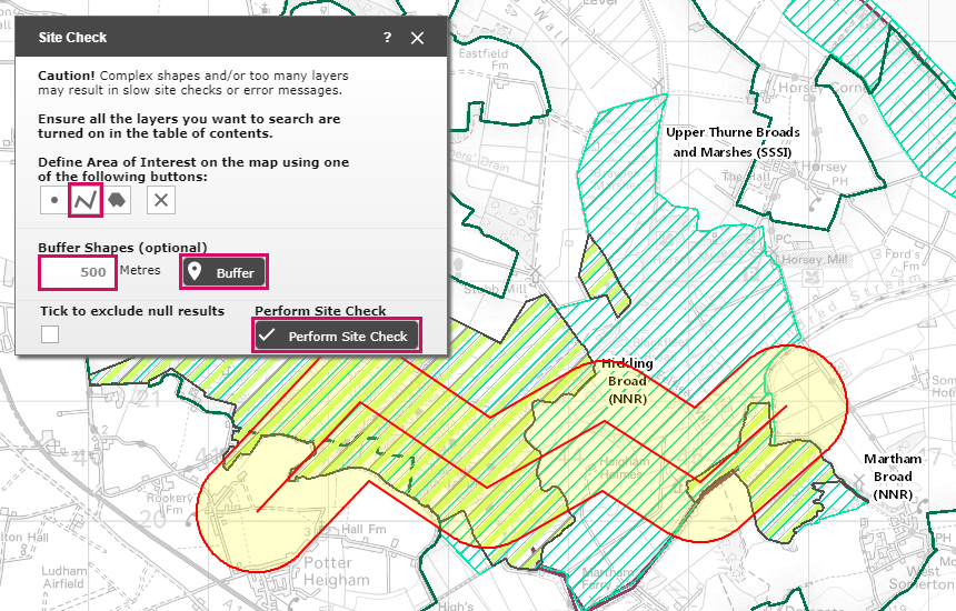 Site Check within a given distance of a line