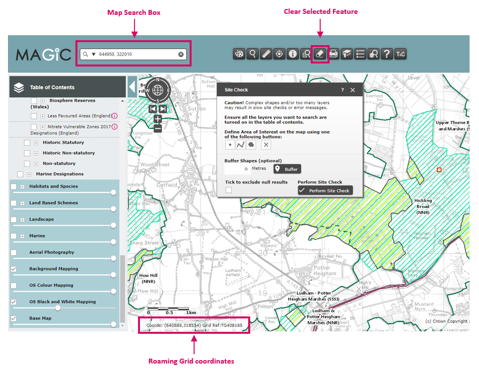 Site check at or around a grid reference